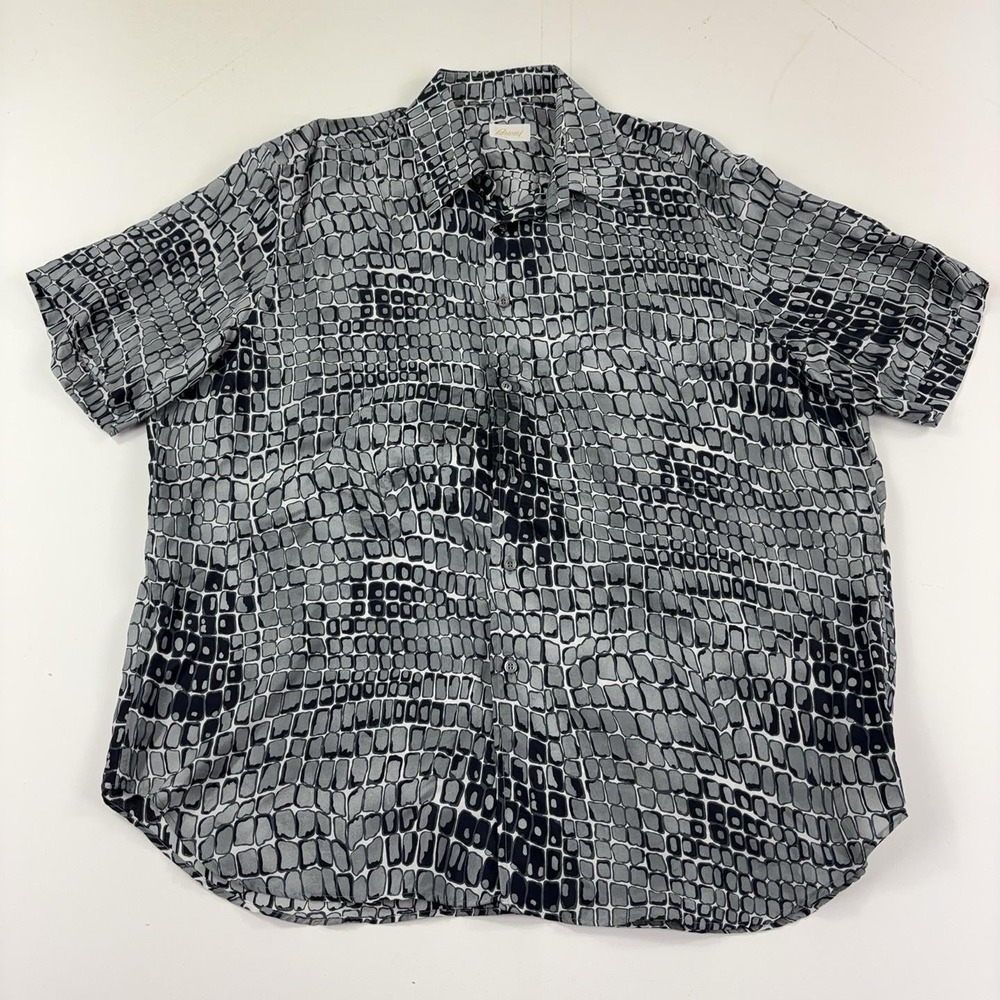 Brioni Shirt Mens XL Gray Geometric Silk Short Sleeve Button Up Abstract Print